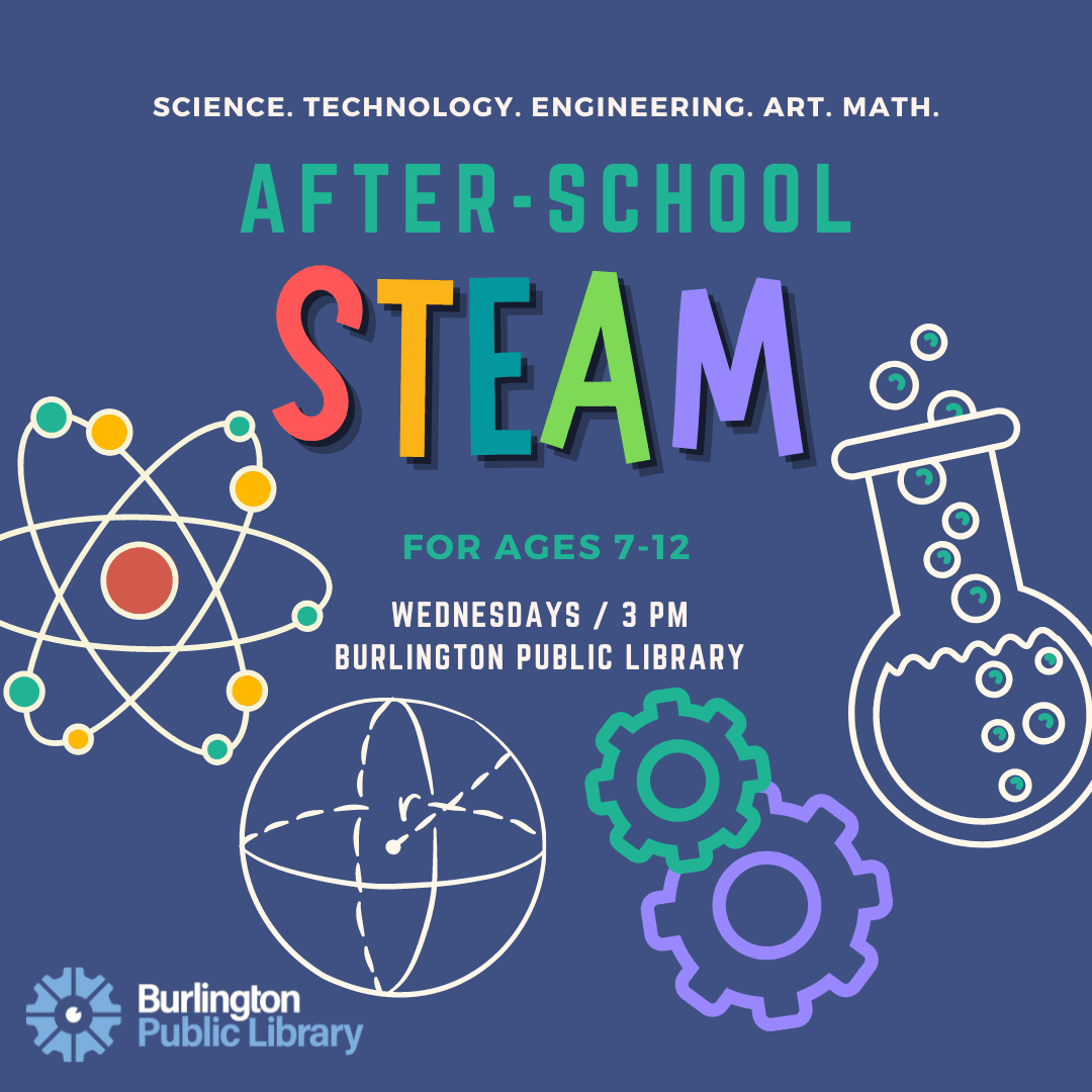 STEAM After School flier with decorative cogs and beakers