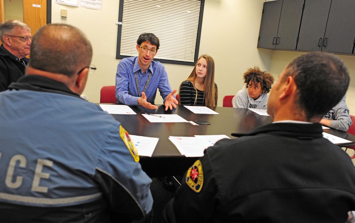 Fire Chief Levon Yengoyan and Police Chief Mike Luvera with Lucille Umbarger Elem Vice Principal at 