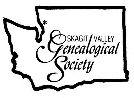 Skagit Valley Genealogical Society Logo Framed by the Outline of Washington State.